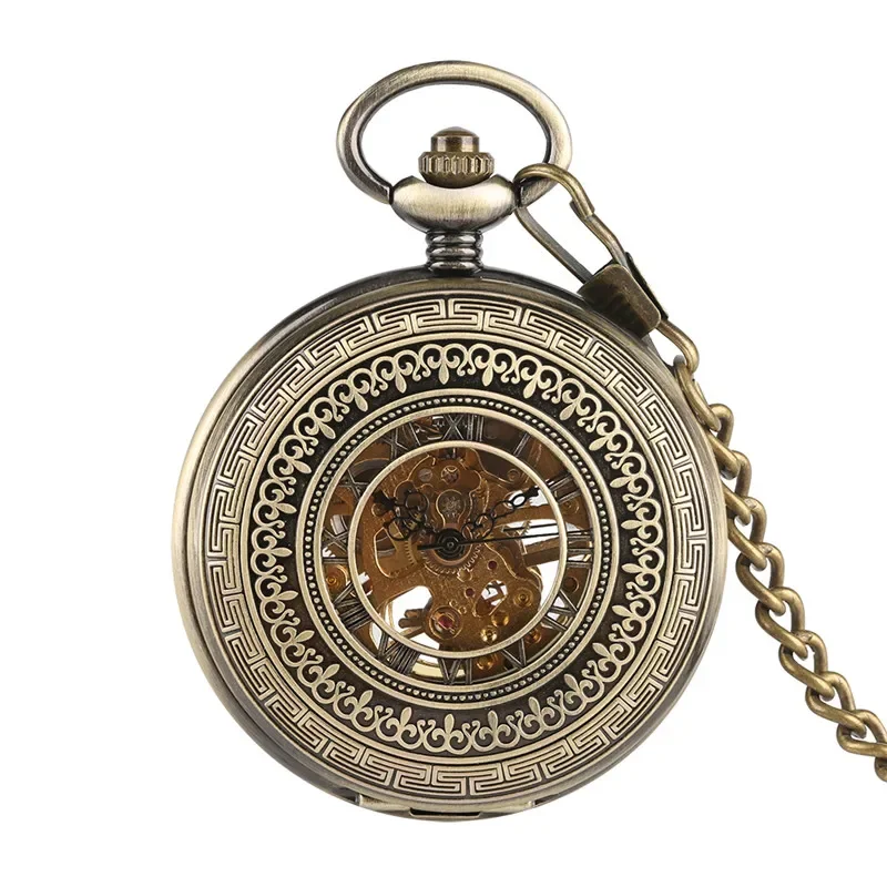 Vintage Style Unisex Hand Winding Mechanical Pocket Watch Roman Numerals Display Hollow Bronze Pendant Watches Clock FOB Chain