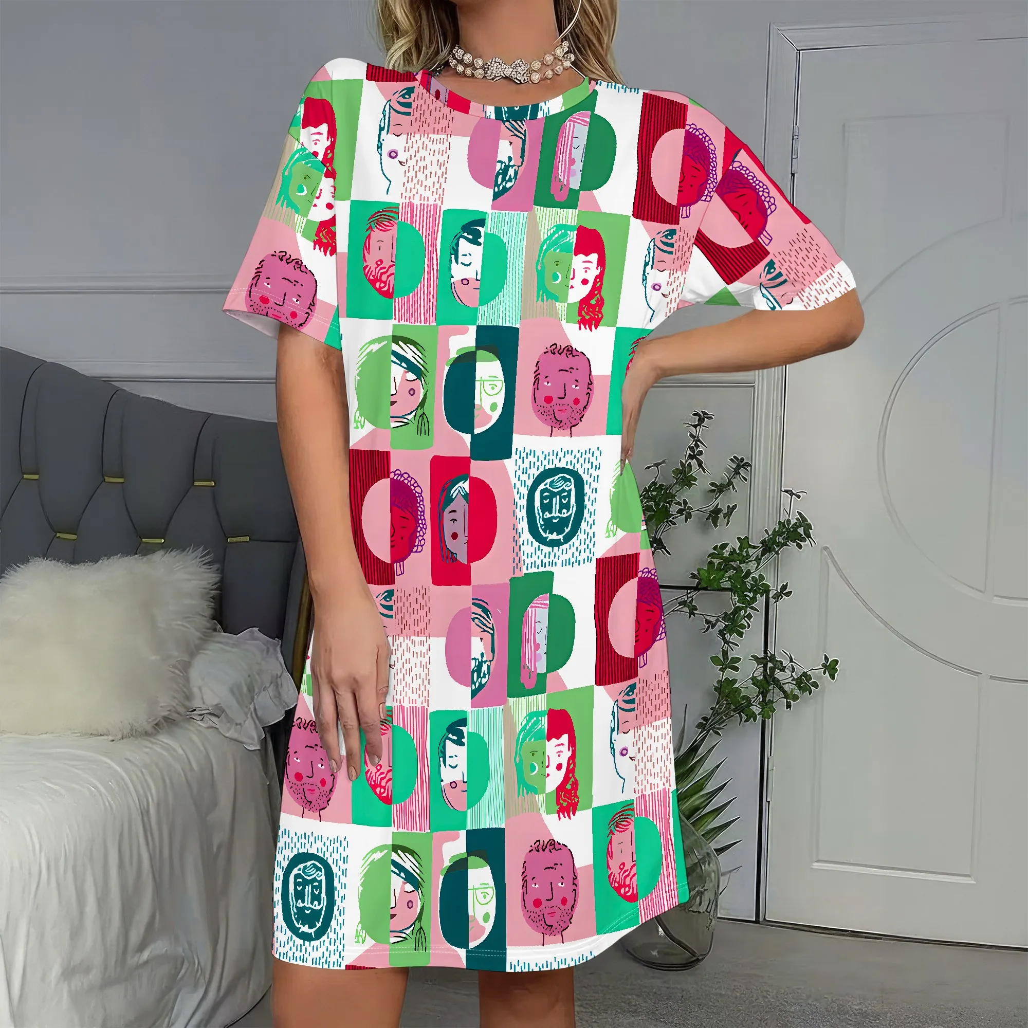 

Abstract Art Print,Short Sleeve Dress,Colorful Patchwork,Trendy Loose Fit,Casual Summer Wear,S-2XL