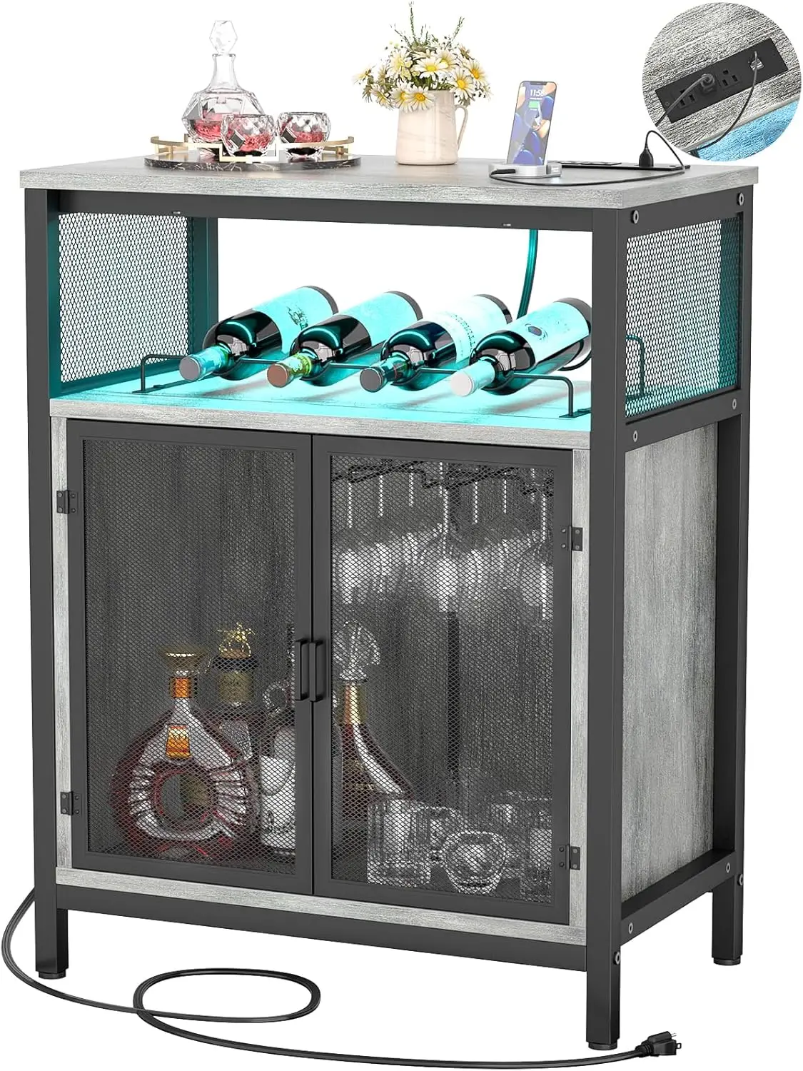 

Unikito Wine Bar Cabinet with RGB Light and Outlet, FreeStanding Wine Rack Table, Liquor Cabinet with Glass Holder, Floor Bar