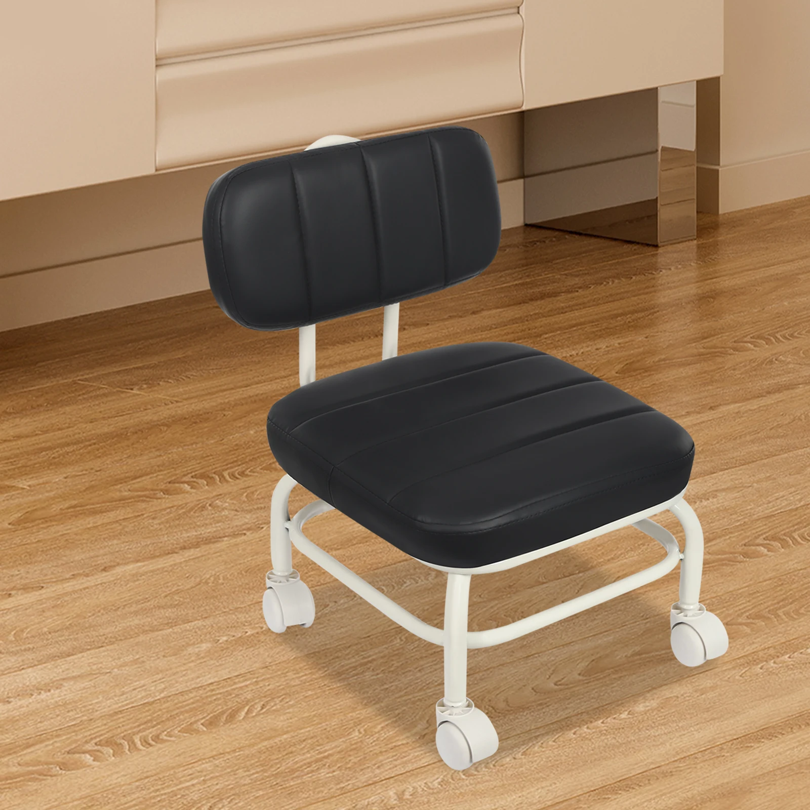 

Modern Black PU Sofa Stool with Backrest | Square, 4 Wheels, 200kg Load, 35x35cm Seat