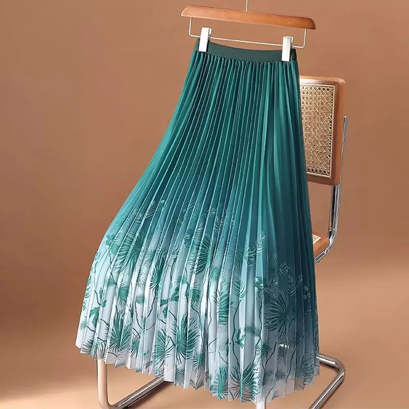 Beach Vacation Dark Green Leaves Chiffon Skirts For Women Summer Elegant High Waist Elastic Embroidered Floral A-line Midi Skirt