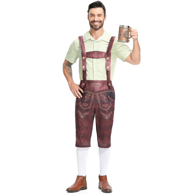 Men Oktoberfest Lederhosen Costume German Bavarian Beer Festivals Suspenders Shorts Beer Festivals Shirt Cosplay Costumes