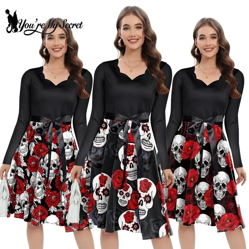 

[You're My Secret] Halloween Carnival Rose Skull 3D Print Women Vintage Long Sleeve Dress Girls Elegant Holidays Party Dress