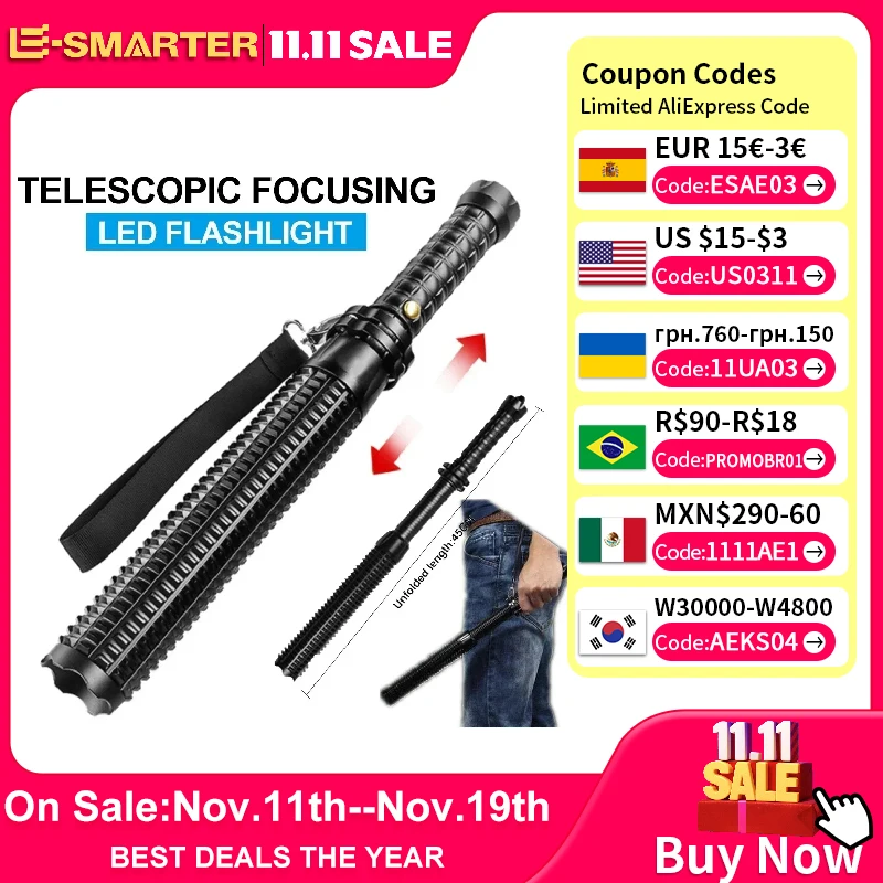 Baseball Bat LED Flashlight AluminumAlloy Focusable Zoomable Super Bright Self Defense Mace Light Tactical Baton Emergency Torch