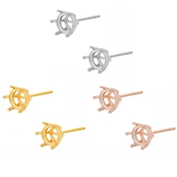 2 Pairs 925 Silver 6 Pongs Stud Post Earring Base Blank Earwires Cabochon Setting for 4/5/6mm Round Gems DIY Jewelry Gift