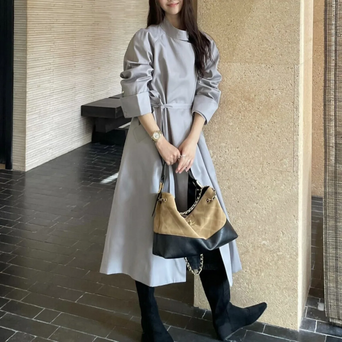 KWTX New Women’s Long Trench Coat Autumn Winter Solid Belted Stand Collar One Button Casual Chic Designer Elegant Vintage Style
