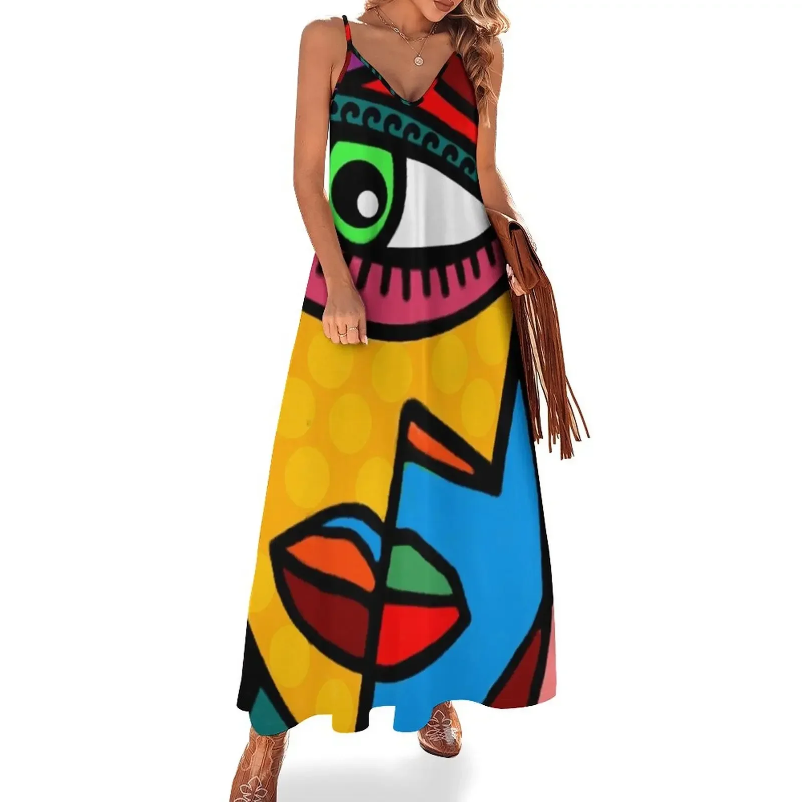 

Funky Abstract Face Sleeveless Dress Long dress purple dress Women's long