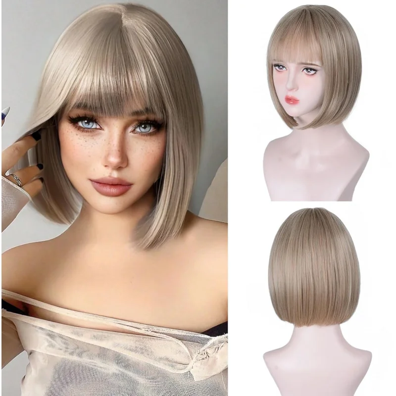 

Пепельно-русые парики Боб 12 дюймов, короткий боб с челкой для женщин, модный парик из синтетических волос для ежедневного использования, косплей, Хэллоуин
