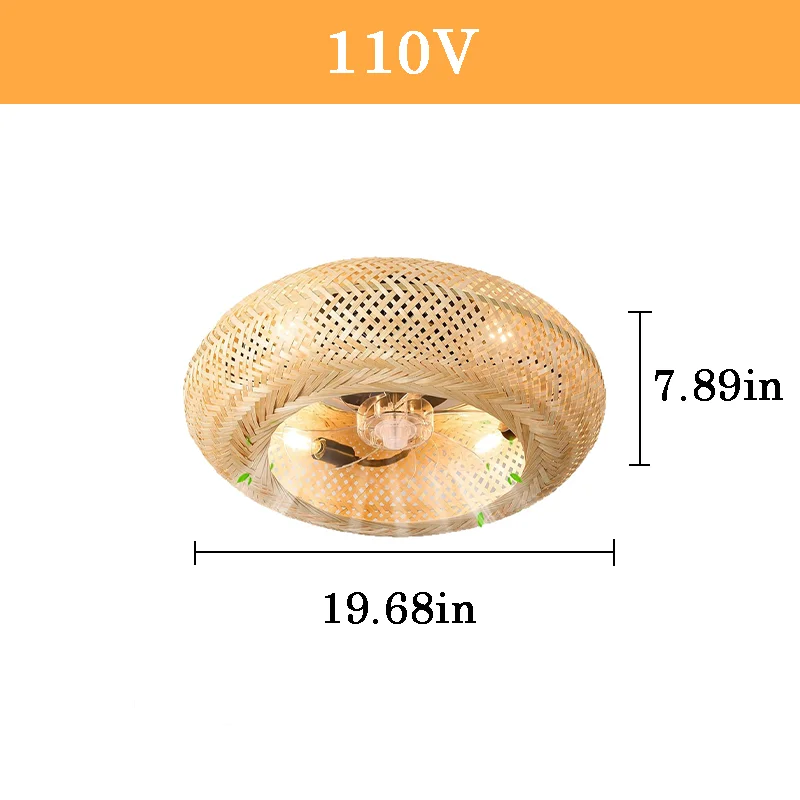 Bamboe plafondventilatorlamp Afstandsbediening Plafondventilator Licht E26 Geweven rotan kap Onzichtbare bladen Stille 6-speed Lamp voor slaapkamergebruik
