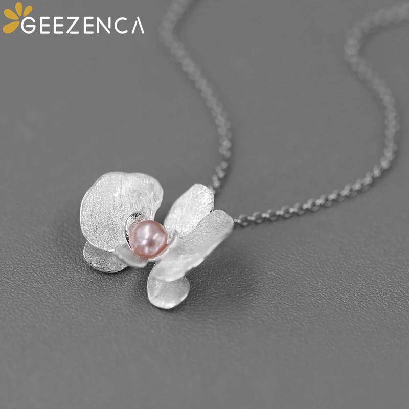 GEEZENCA S925 Silver Pearl 3D Moth Orchid Flower Necklace Pendant For Women Elegant Chic Pendants Without Chain 2023 New Gift