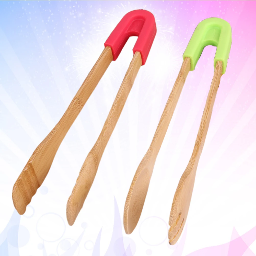 

2pcs Bamboo Food Tongs Detachable Silicone Spoon Heat Resistant Kitchen Tools For Cooking Toast Salad Barbecue Grilling Baking