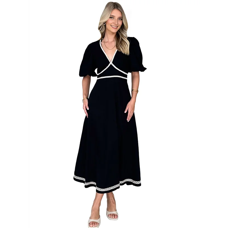 فستان CYL-Women's 2025 رسمي أنيق كاجوال بياقة على شكل V وأكمام منتفخة على شكل حرف a فستان ماكسي متأرجح #5