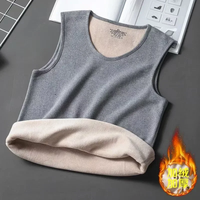 Mens Heat Vest Solid Base Thick Slim Comfortable Thermal Shirt Sleeveless Round Neck Velvet Thickening Thermal Underwear XL-4XL