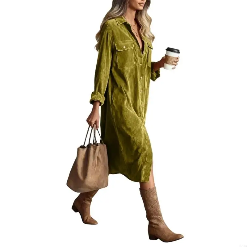 

Polyester Corduroy Women's Dress Long Sleeve Elegant Collar Professional Use 6XDA