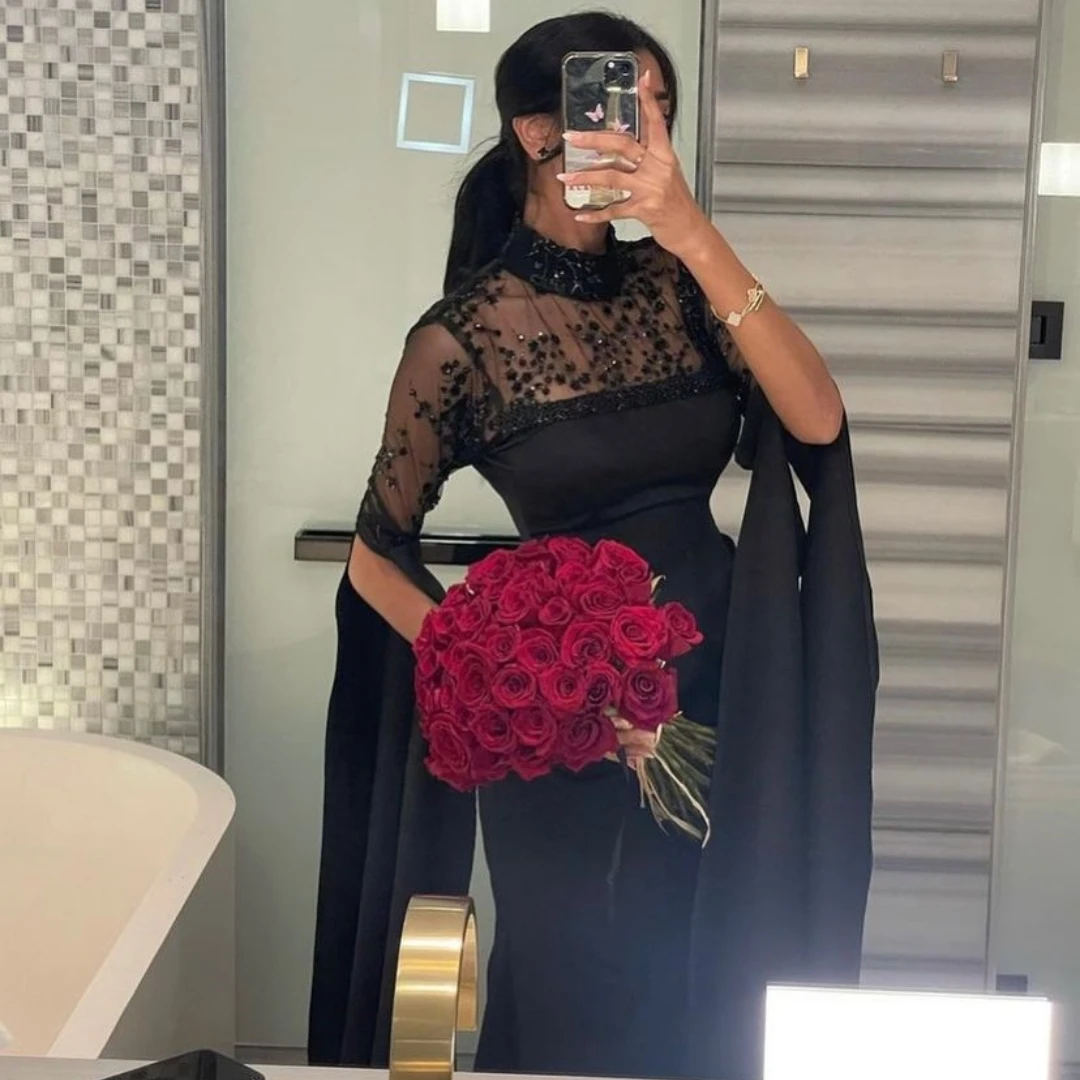 Meetlove-vestidos de graduación personalizados, hasta el suelo, con cremallera, corte en A, para fiesta de boda, apliques negros, cuello alto, 2023