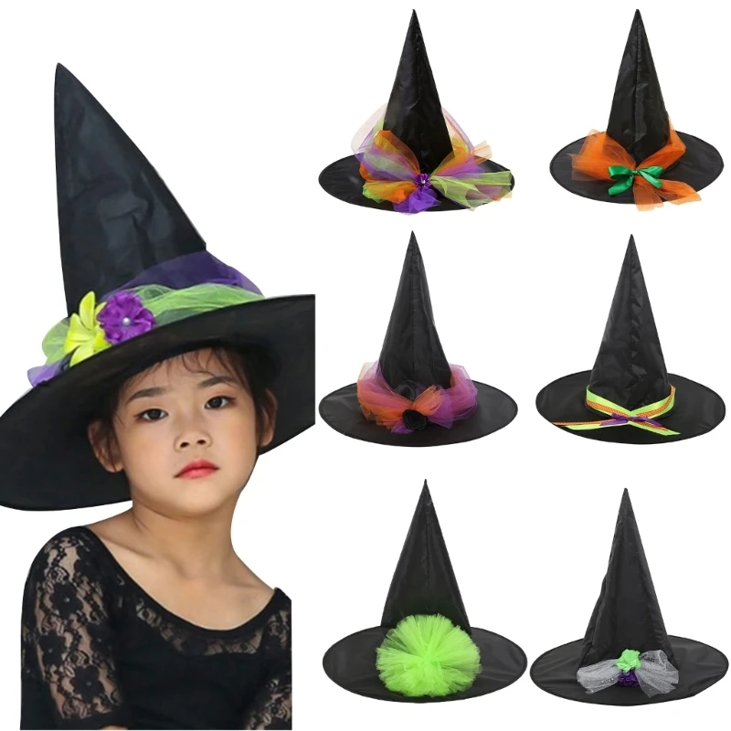 

Children Witch Hat for Halloween Masquerade Cosplay Hat with Yarn/Flower Decor