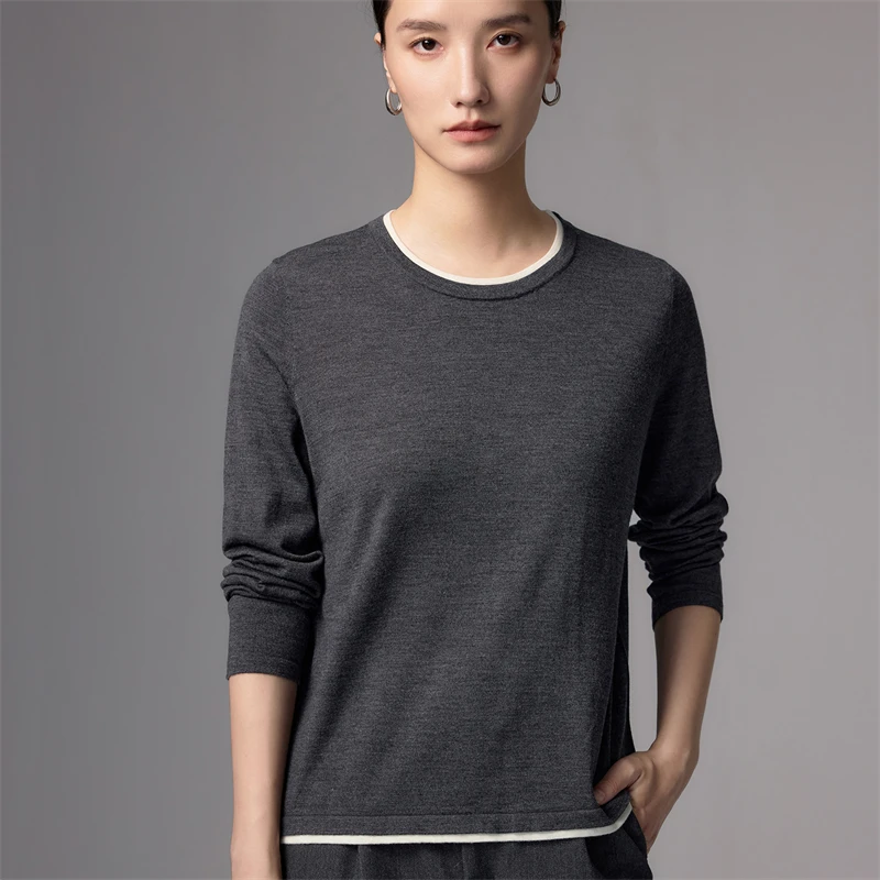 Women's Autumn Winter Color Block round Neck Knit Sweater 100% Merino Wool Pullover Comfortable Soft Fabric Fashionable Style