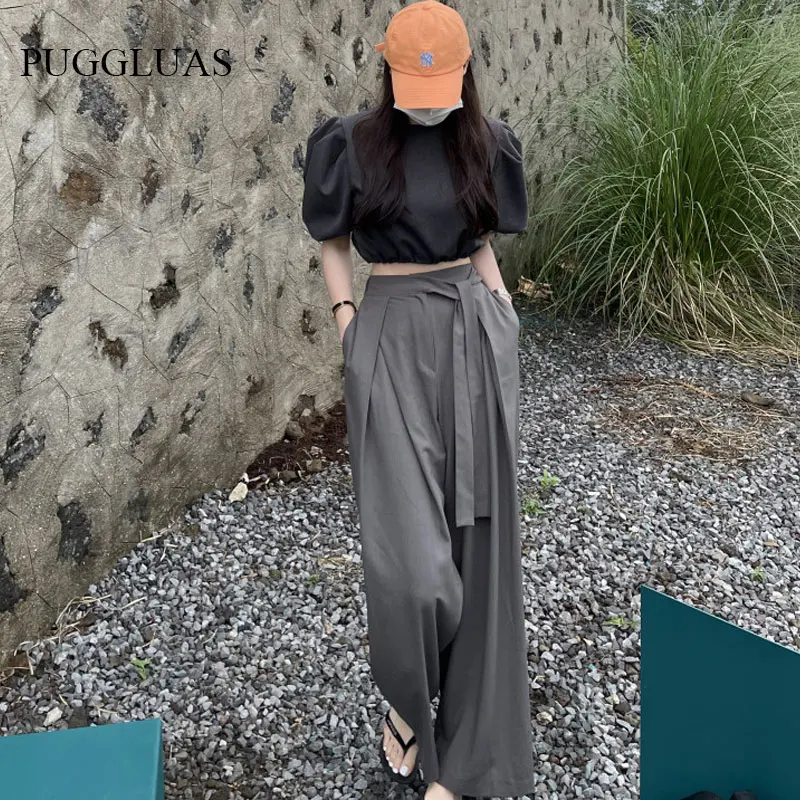 

Casual High Waist Ruched Pants Korean Irregular Bandage Lace up Wide Leg Trousers Spring Fashion Office Streetwear Women Bottoms