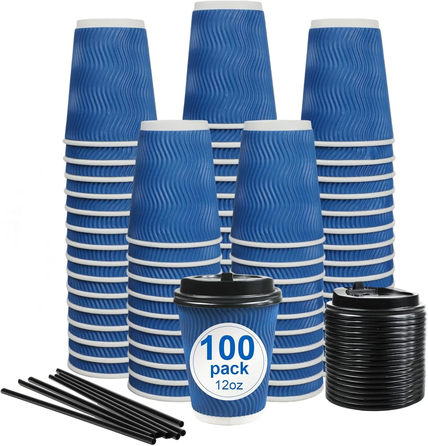 

Coffee Cups, 100 Pack 12 oz Disposable Blue Insulated Paper Cups, Corrugated Kraft Ripple Wall Cup, Comes With Lids and