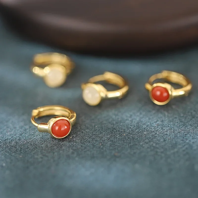 

925 Sterling Silver Gold Plated Hoop Earrings with Natural Red Agate or White Jade Elegant Vintage Fashion Party Jewelry