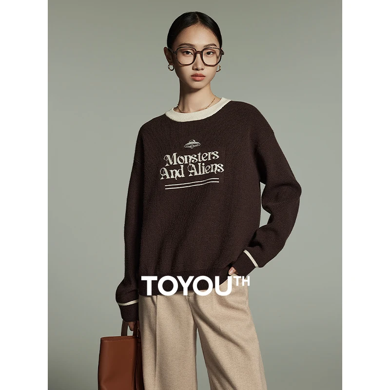 

Toyouth Women Sweater 2023 Winter Long Sleeve Contrast Round Neck Loose Knitwear Letter Jacquard Fashion Chic Coffee Tops