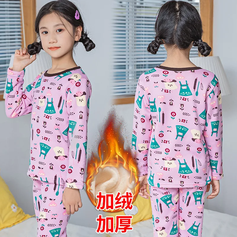 2 to 15Y Children Thermal Underwear Set Fleece Single-layer Boys Girls Winter Clothes  New Baby Cartoon Warm Pajamas Suit