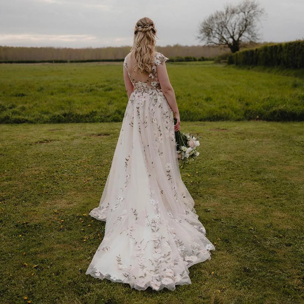 Vestido de novia con mangas de casquillo para fiesta al aire libre, talla grande, tul bordado, hecho a medida, escote en V, flor única