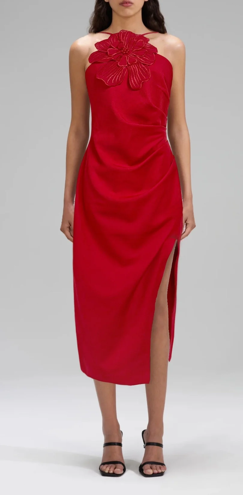 

QR Customized Elegant Hand Sewn 3D Flower Hanging Neck Banquet Socialite Special Occasion Evening Gown