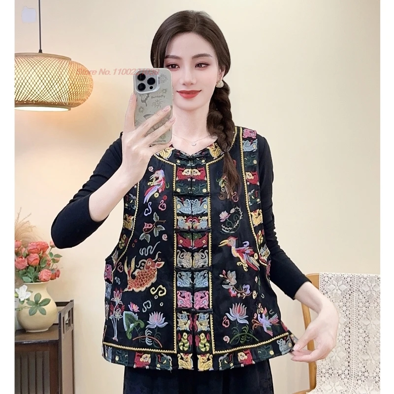 

2025 national flower embroidery o-neck folk vest retro satin jacquard folk vest traditional hanfu tops chinese sleeveless jacket