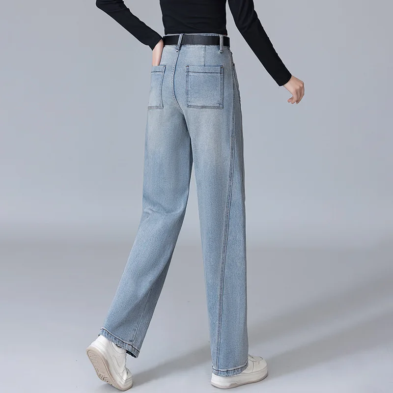 سروال Scimitar من قماش الدنيم باللون الأزرق الفاتح للنساء، سروال منجل مستقيم عالي الخصر للتخسيس متعدد الاستخدامات لفصل الربيع والخريف