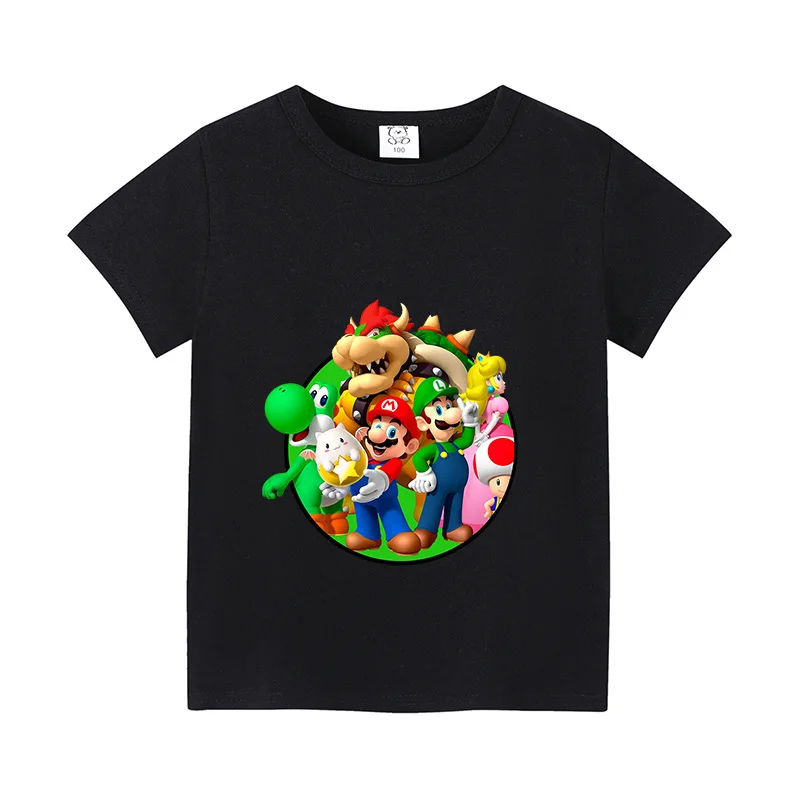 Super Marios Bros t-Shirt dla dzieci chłopców dziewczynki nowa czarna biała koszulka dziecięca odzież kreskówka koszulka z krótkim rękawkiem ubranka