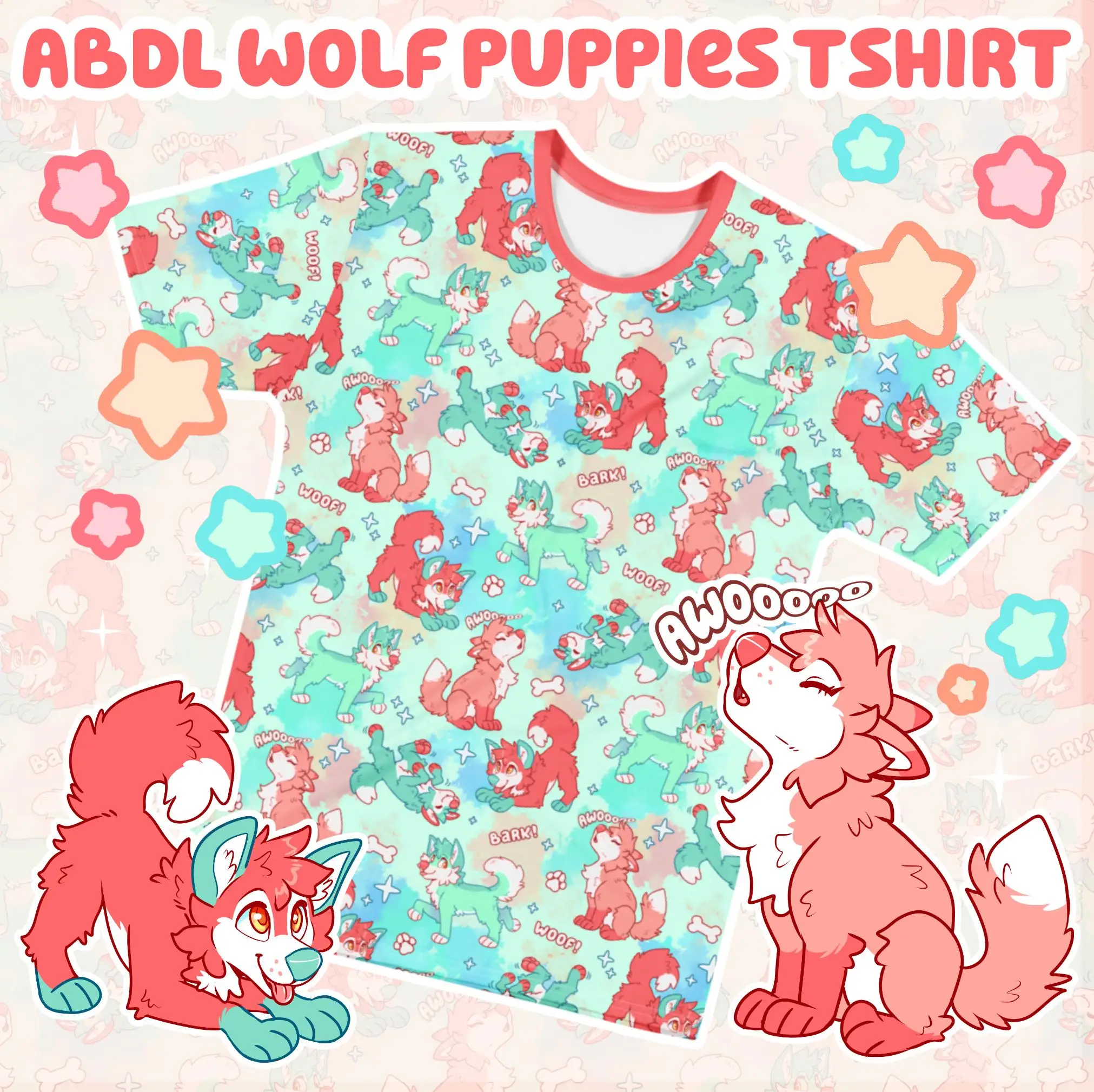 قميص Wolf Puppies _ Babyfur ABDL تي شيرت كاواي باستيل فروي مطبوع برقبة دائرية وأكمام قصيرة ملابس غير رسمية للرجال والنساء #1