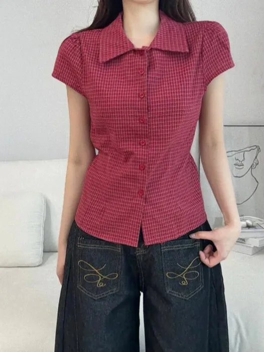 

Slim Fit Korean Style Women's Shirt Short Sleeve Plaid Turn-down Collar Red And White Checkered Slimming Base Layer Shirt