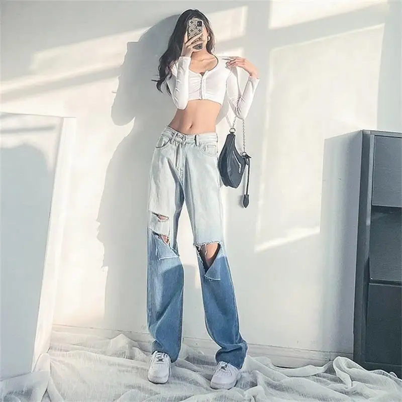 

American Style Distressed Gradient Straight Leg Jeans for Women's Autumn High Waisted Loose Drape Vintage Wide Leg Mop Pants