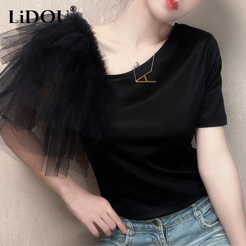 

2023 Summer New Solid Color Lace Patchwork T-Shirts Women Diagonal Collar Flying Sleeve Tees Female Temperament Slim Casual Tops