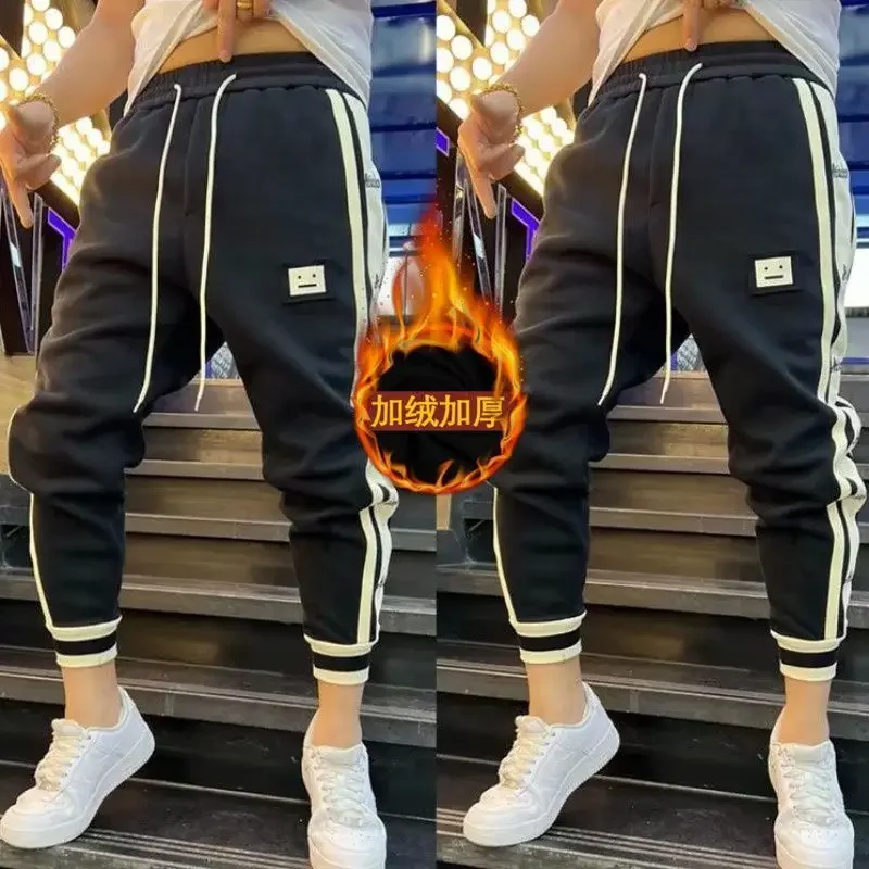 

New Men's Harem Pants Casual Pants Autumn Winter Elastic Waist Jogger Fleece Stripe Embroidery Patchwork Ankle-length Trousers