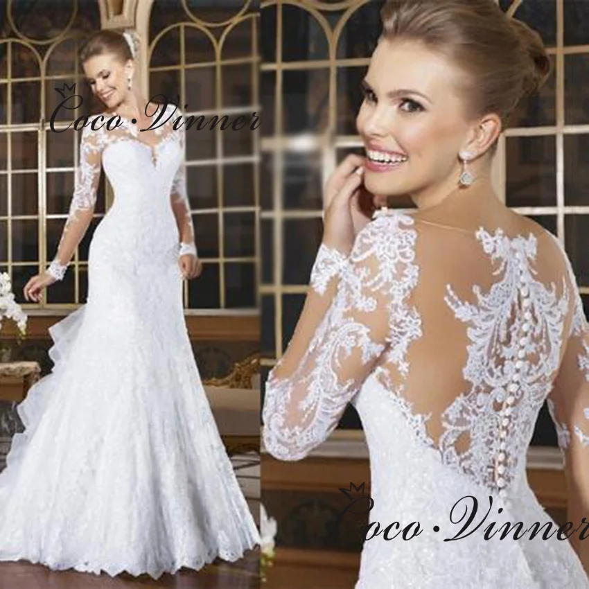 

Customized Vestido De Noiva Long Sleeve Wedding Dress Pearls Beading Embroidery Lace Fashion Mermaid Wedding Dress W0004