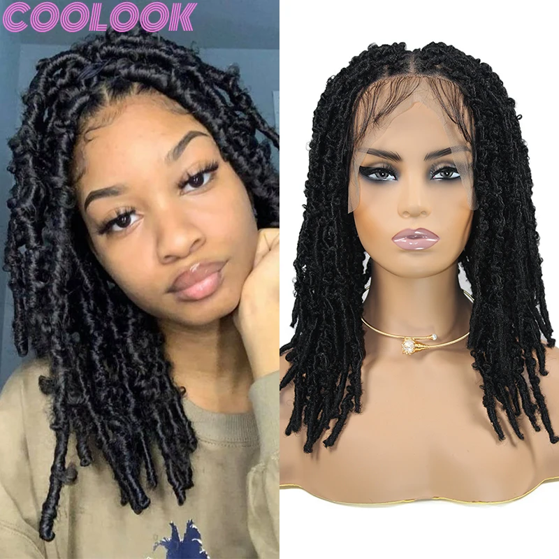 Synthetic Full Lace Box Braided Wigs Distressed Looped Short Bob Twist Braid Wigs 16 Inch Butterfly Locs Lace Frontal Braids Wig