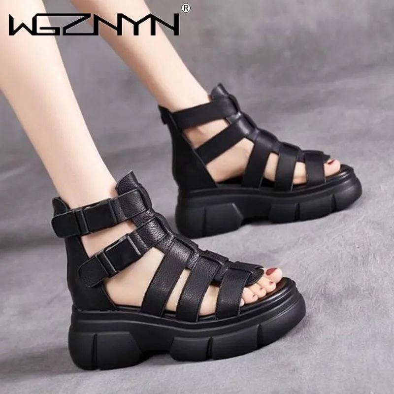 Handmade Genuine PU Leather Retro Shoes Women Sandals 2022 New Ankle Boots Summer Handmade Hollow-out Casual Platform Sandals