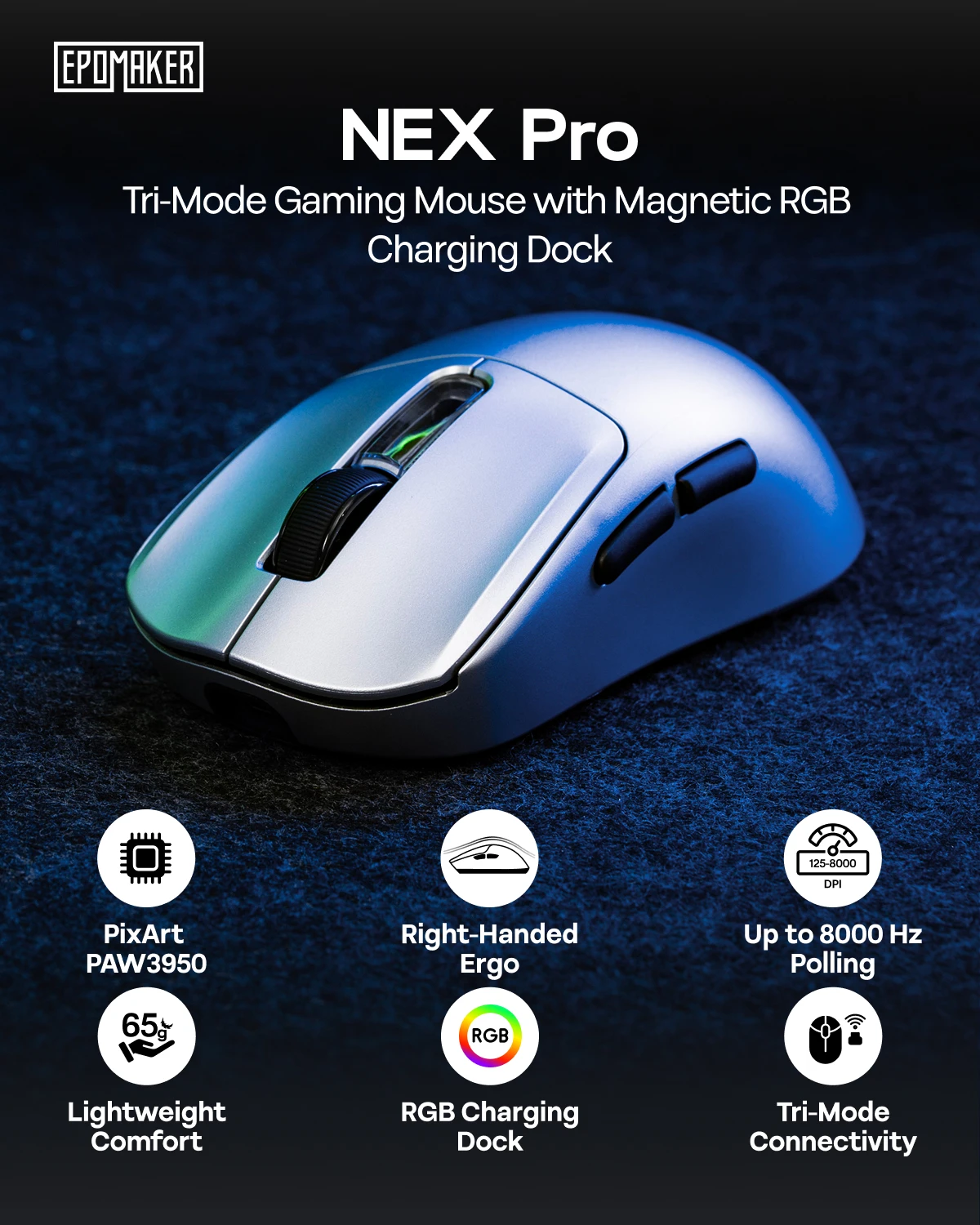 EPOMAKER NEX Pro Tri-mode Wireless Ergonomic Gaming Mouse PixArt PAW3950 Sensor with RGB Charging Dock & 8000Hz Polling/42K DPI