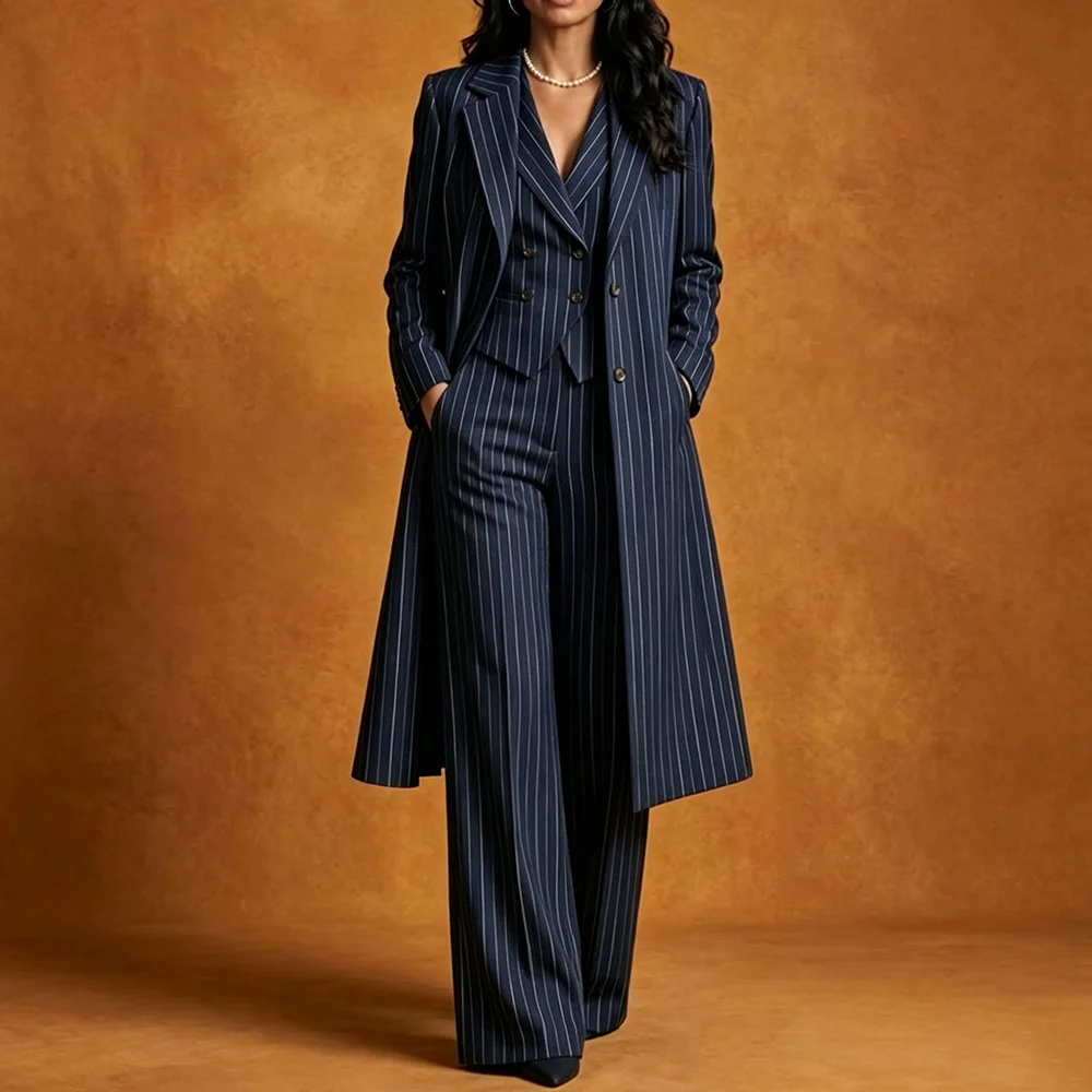 Navy Blue Stripe Women's Suits Customized Long Blazer Formal Business 3 Piece Jacket+Vest+Wide leg Pants Smart Female Outfits