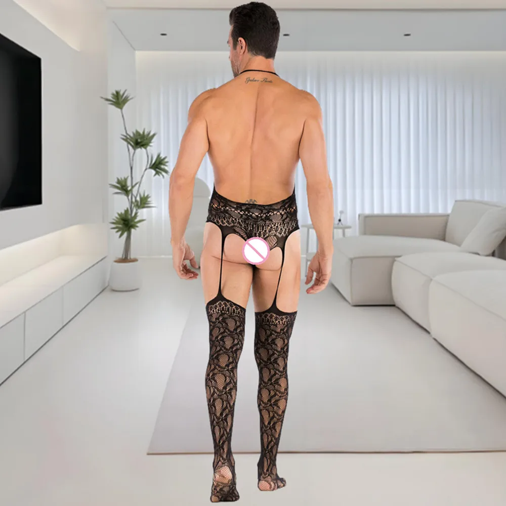 ملابس نوم مثيرة للرجال ملابس نوم عصرية برقبة على شكل V عميقة مع ظهر مكشوف جوارب لكامل الجسم أزياء للمثليين ملابس نوم شبكية للنادي #6