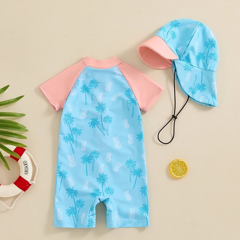 Maillot de bain pour bébé garçon, protection contre les éruptions cutanées, décontracté, manches courtes, fermeture éclair, avec chapeau de soleil, ensemble 2 pièces pour 0-3 ans