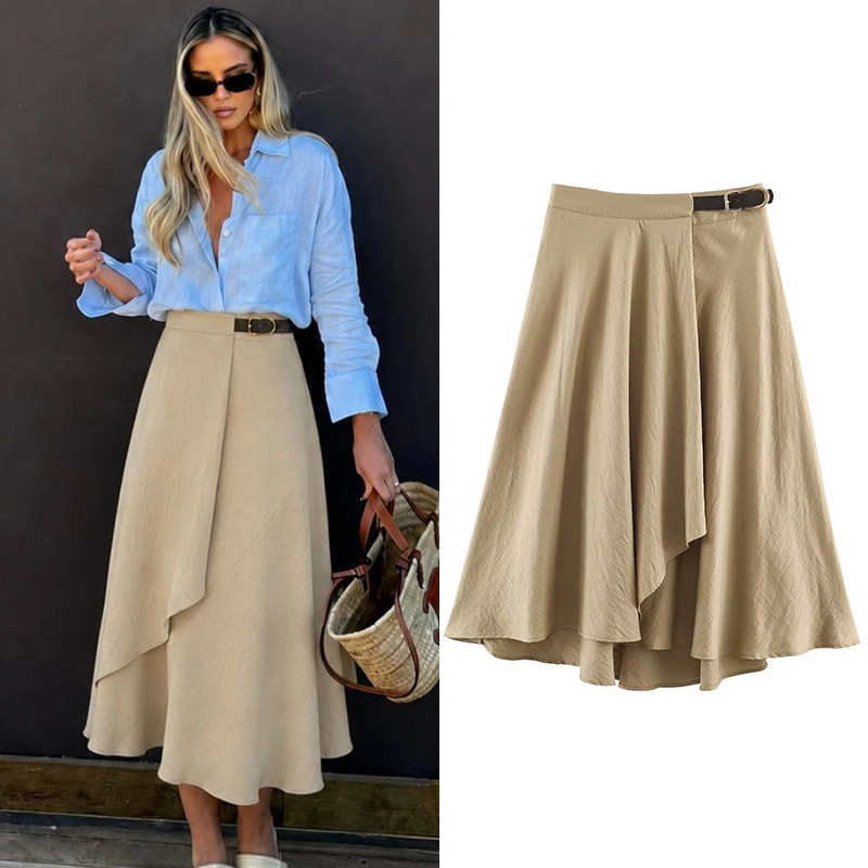 Women Khaki Asymmetrical Midi Skirt High Waist A-Line Skirt with Belt Vintage Pleated Layered Hem Casual Spring Autumn