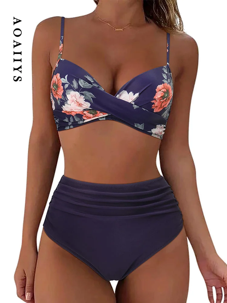 

Aoaiiys High Waisted Bikini Set Women Sexy Swimsuit Floral Printed Two-Piece Backless Female Swimwear Bathing Fashion Beachwear