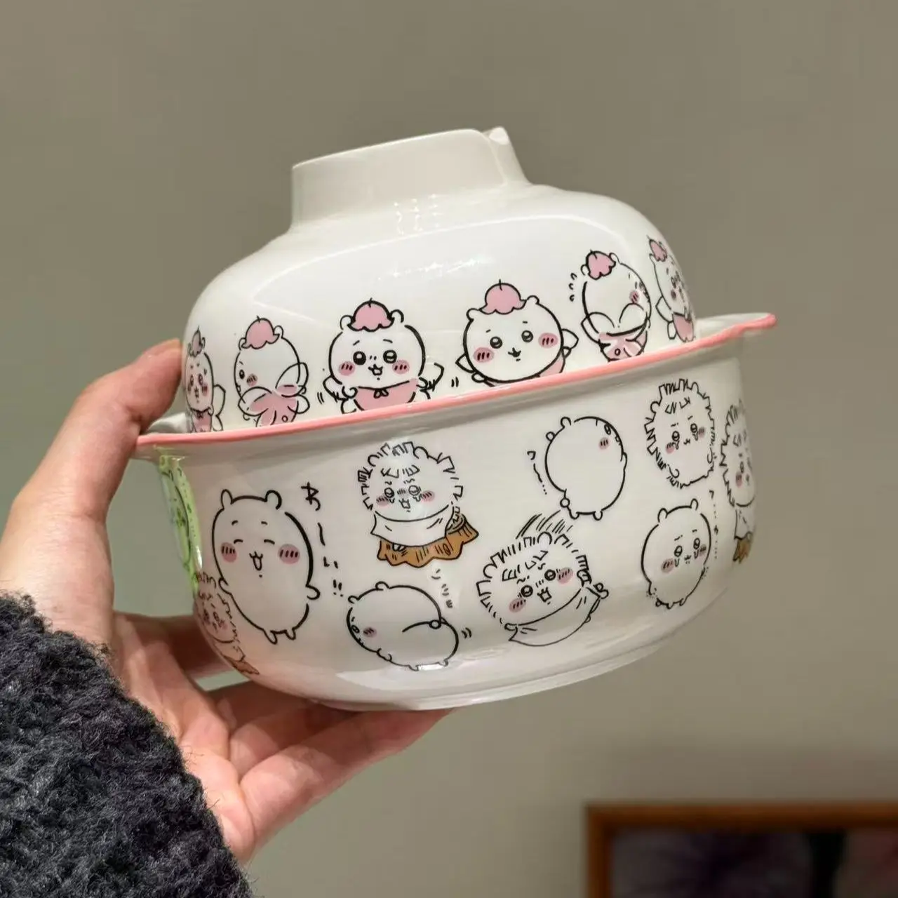 High‑aesthetic Chiikawa Instant Noodle Bowl Double Lid Cartoon Ceramic Bowl with Cover Household Student Dorm Gift for Friends