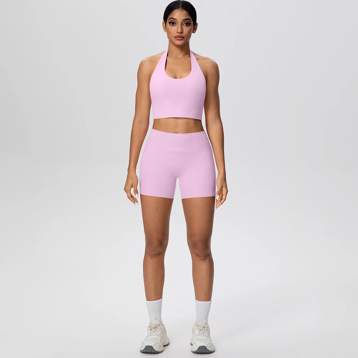 2PCS/set Women Gym Sports Yoga Suit Sexy Beautiful Back Halter Bra with Chest Pad Solid Color Quick-Dry Fitness Pockets Shorts