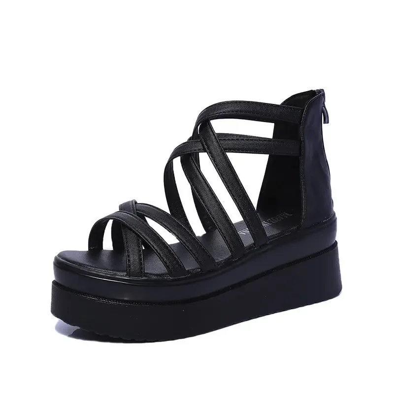 Sandals Women's Summer Women's Slope with Thick-soled Open Toe New Roman Sandals Platform Sandals Thick-soled Mid-heel Flat