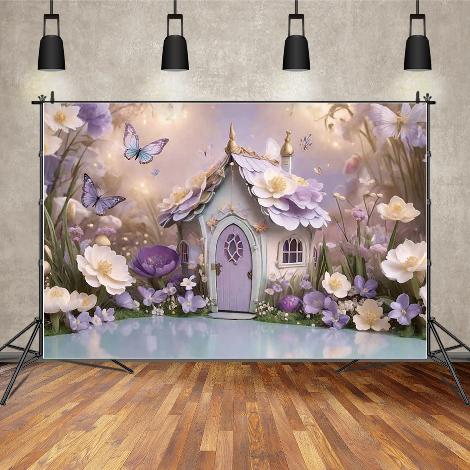 

MOON.QG Fairy Tale Girl Birthday Photography Backdrop Flowers Butterfly House Photocall Background Child Studio Photobooth Props