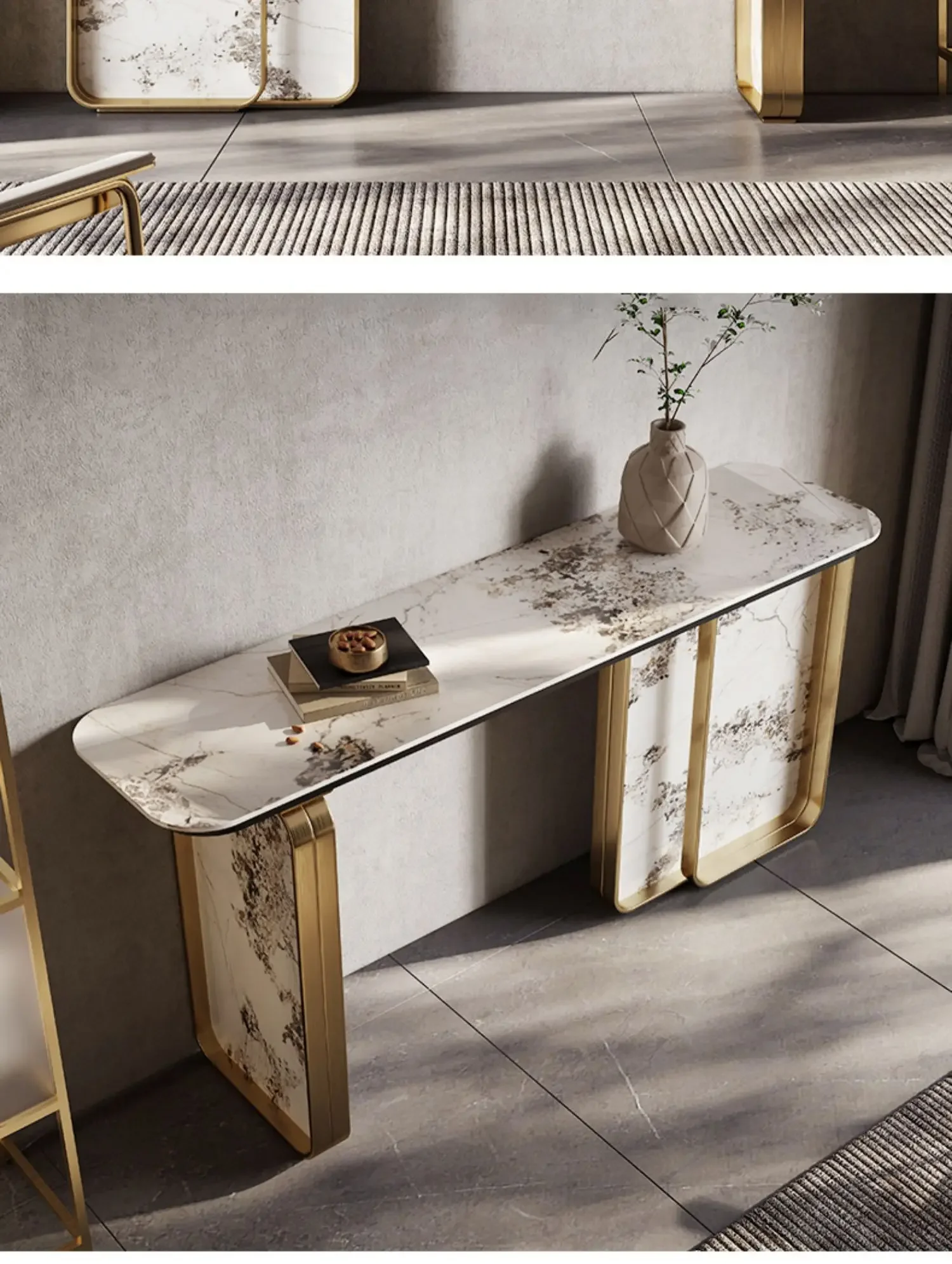 A  Light luxury rock slab Xuanguan platform Modern simple home  luxury stone bright rock slab corridor end view platform